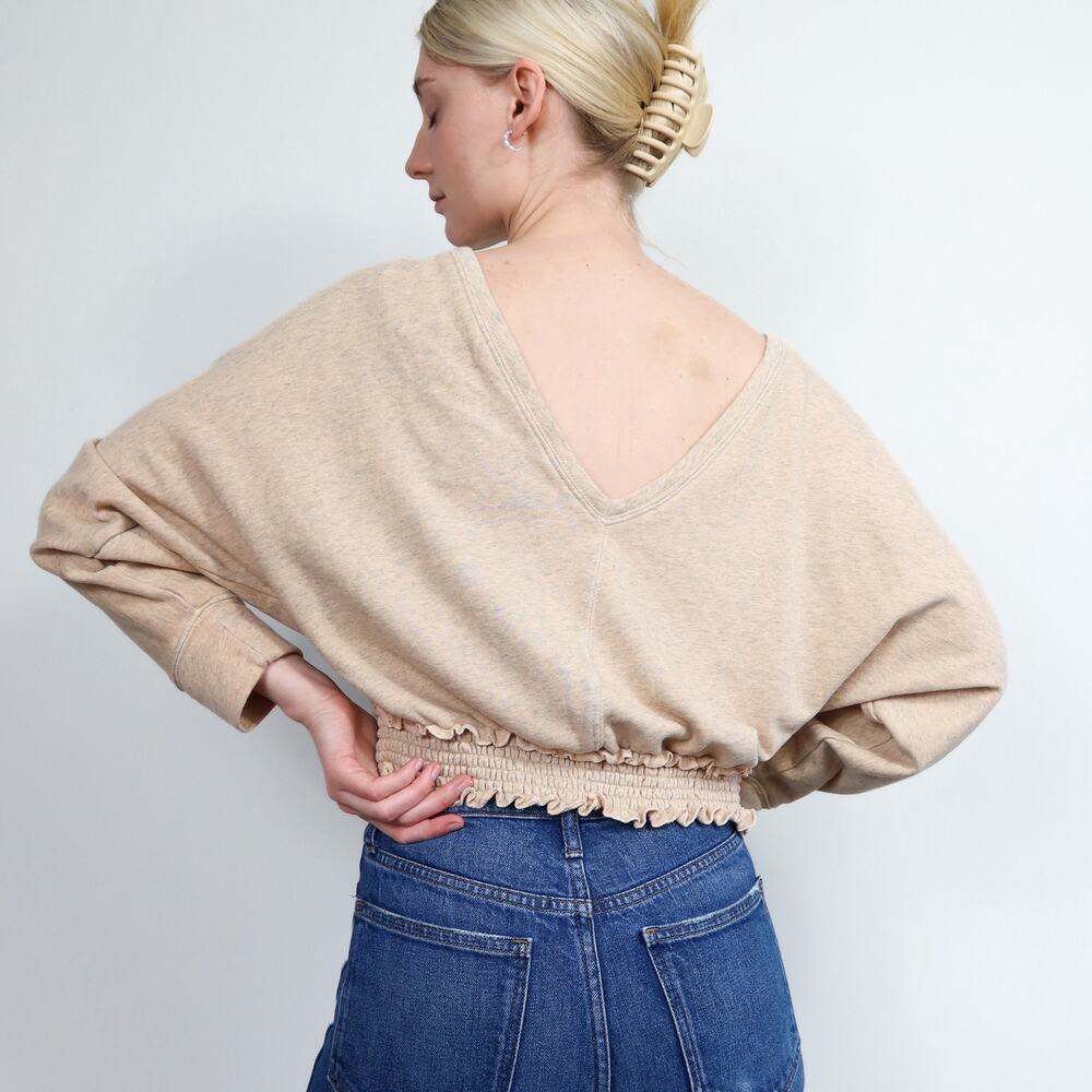 Anthropologie Saturday Sunday V Back Tan Sweatshirt XS Cropped Heathered